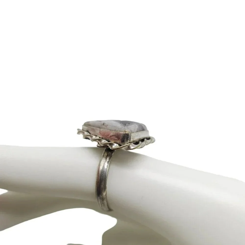 Purple Porcelain Jasper Triangle Ring Size 7.25 Silver Plated Vintage